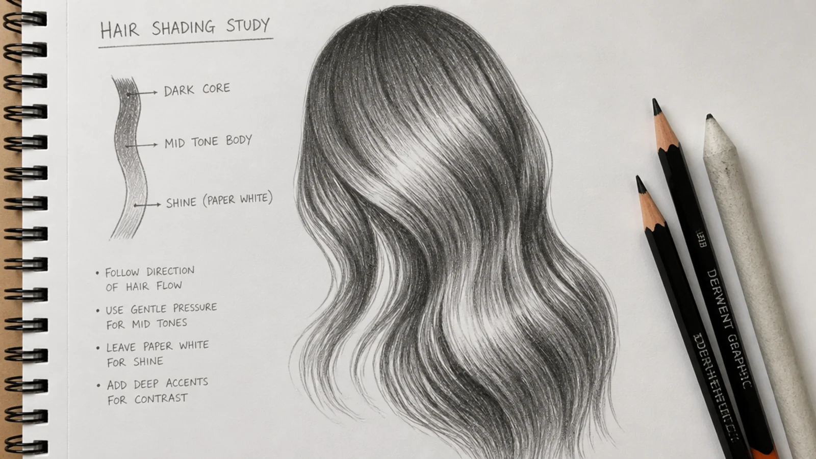 A shaded pencil study of long hair with bright bands at the crown and lower length