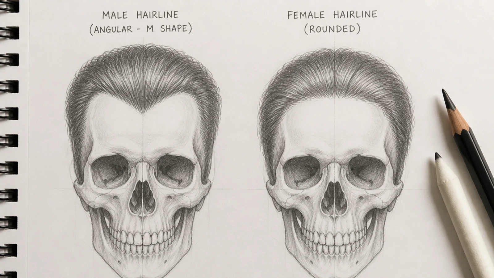 A pencil drawing of a head with two different hairlines traced over each other