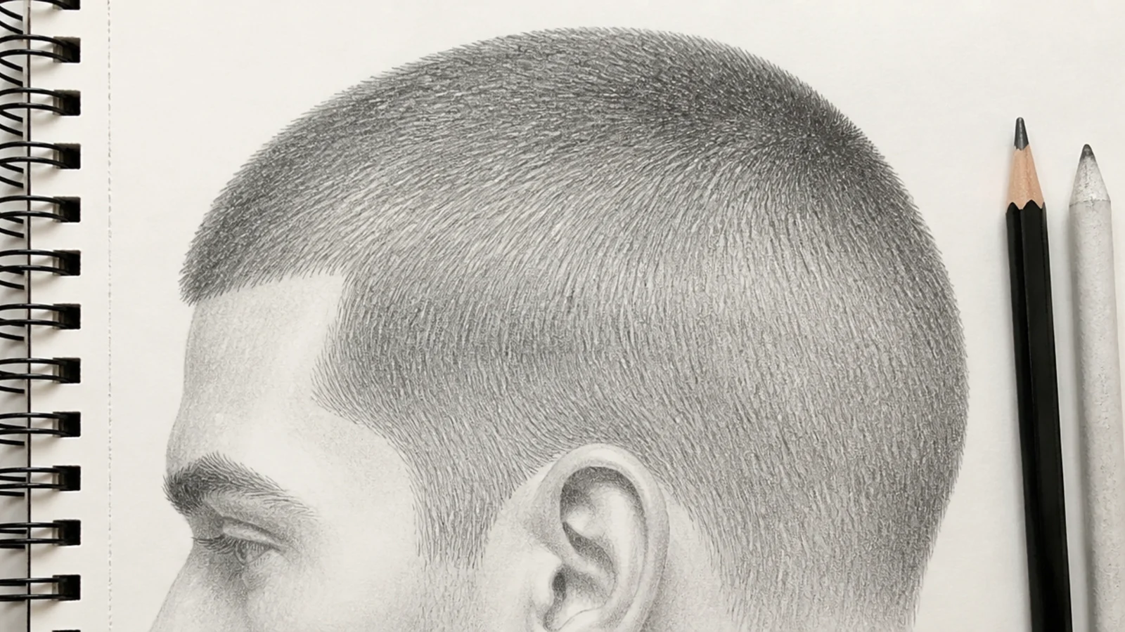 A pencil drawing of a buzz cut shaded as a smooth curved scalp