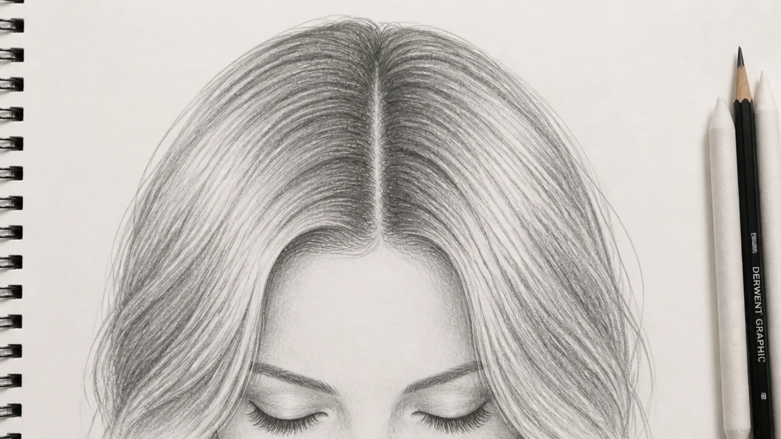 A pencil drawing of a female head with hair divided by a centre parting