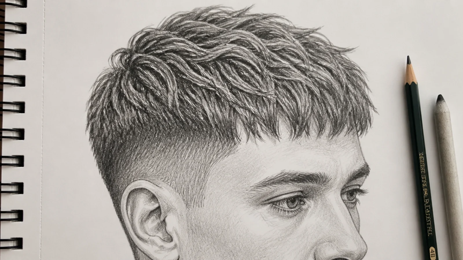 A pencil drawing of a short textured crop with a broken clumped fringe