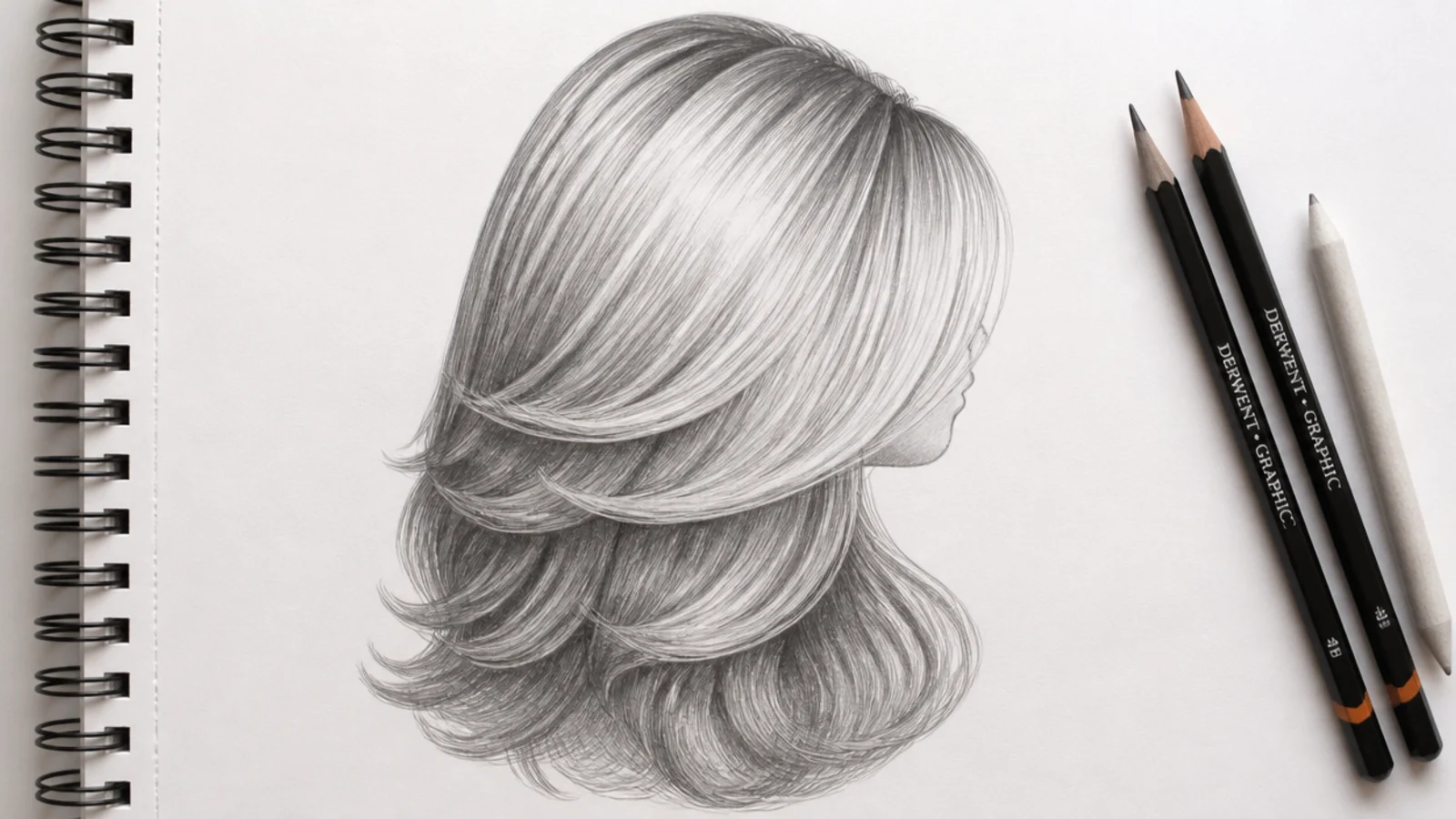 A pencil drawing of a voluminous blowout lifting away from the scalp
