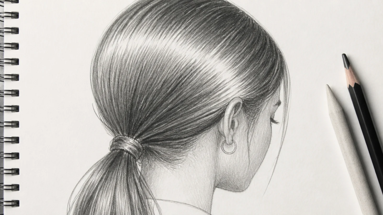 A pencil drawing of hair pulled into a sleek tight ponytail