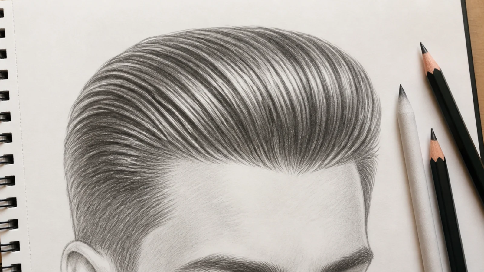 A pencil drawing of hair slicked straight back with visible comb lines