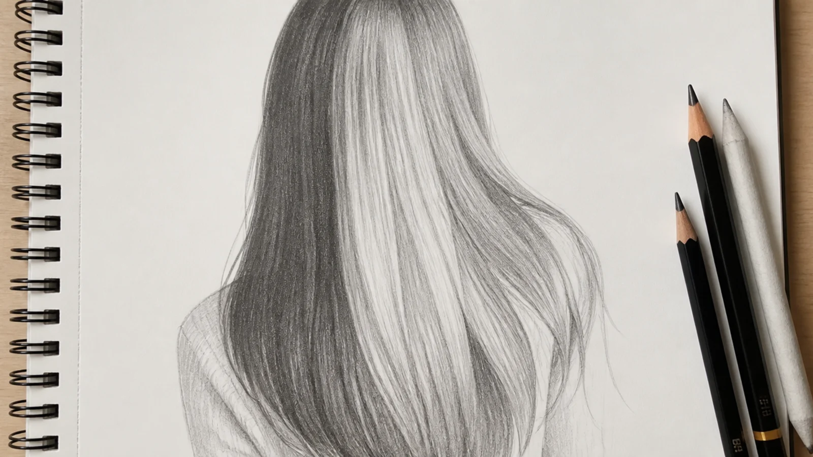 A pencil drawing of long straight hair falling past the shoulders