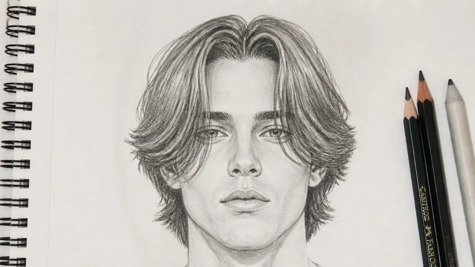 A pencil drawing of a male head with hair parted into curtain bangs