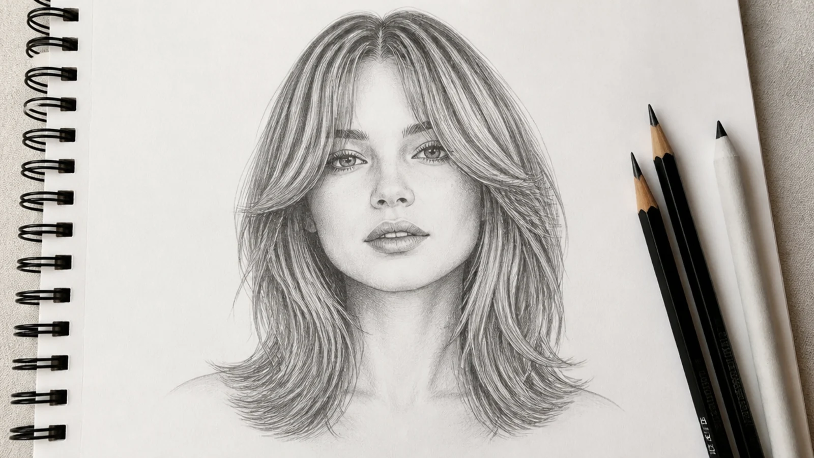 A pencil drawing of a female head with curtain bangs framing the face
