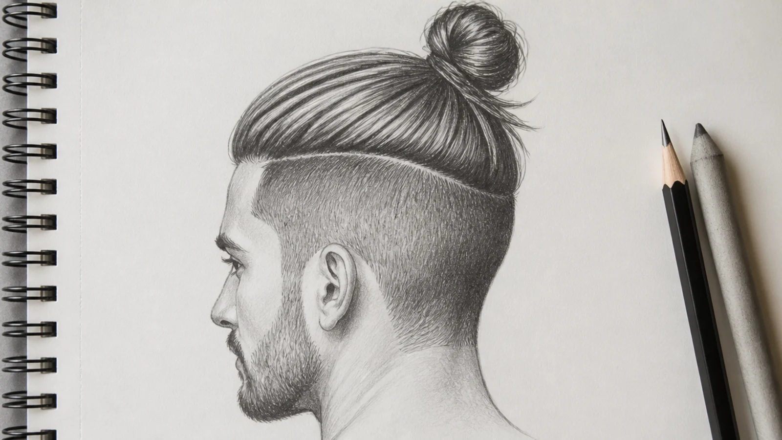 A pencil drawing of a top knot above closely cropped sides