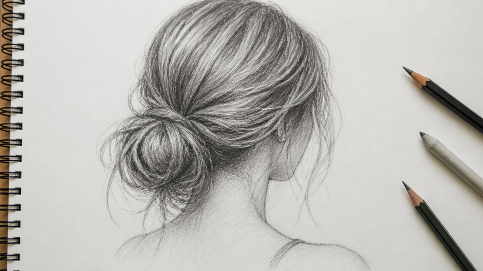 A pencil drawing of a loose messy bun with strands escaping around it