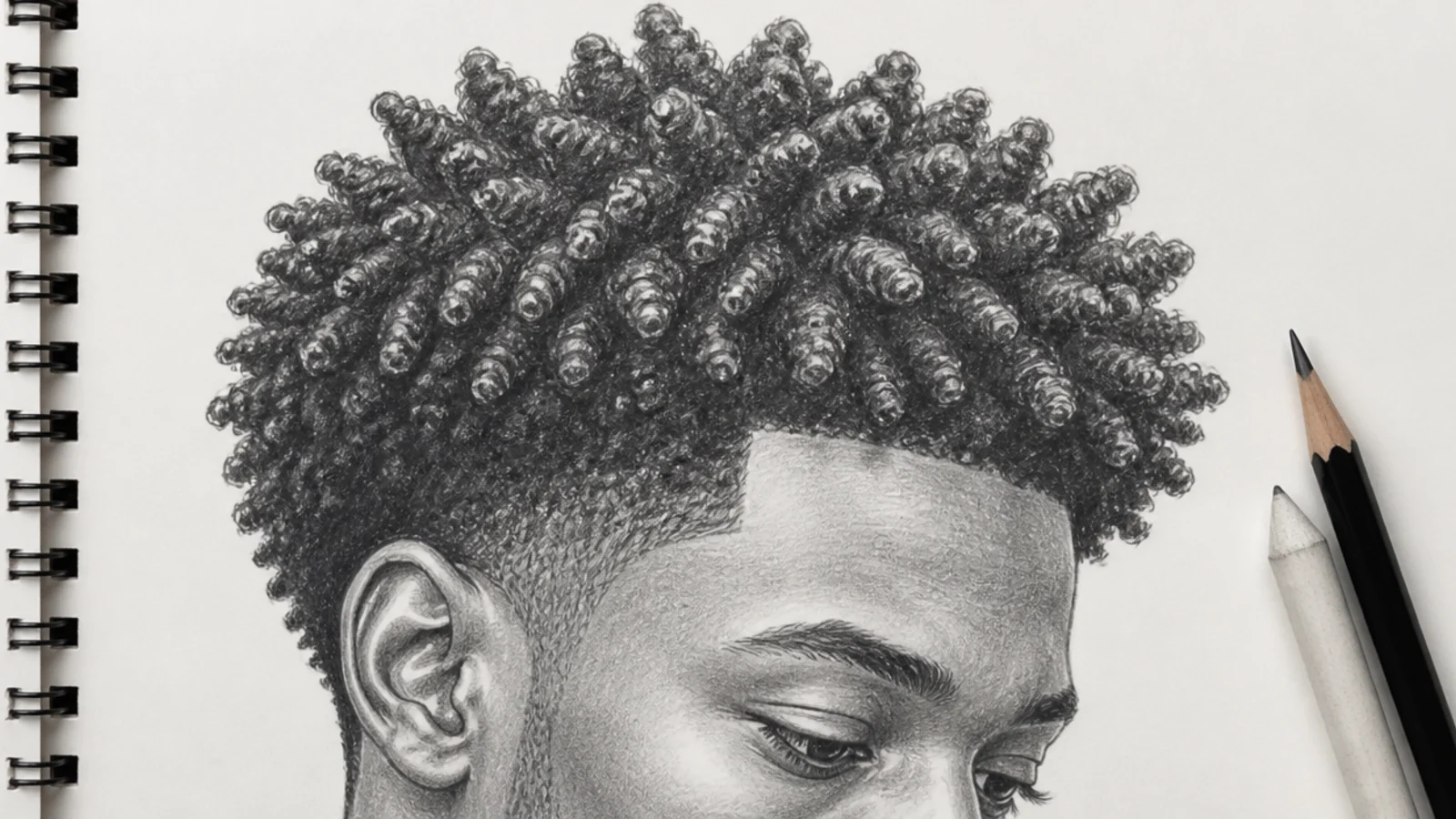 A pencil drawing of short coily hair with a crisp lined up front edge