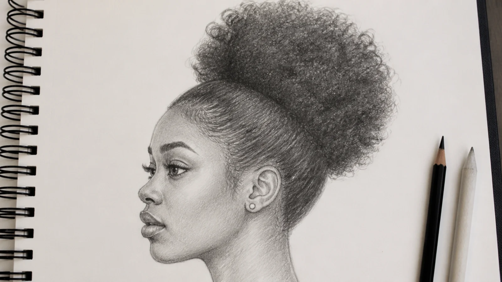 A pencil drawing of an afro puff gathered high with a soft fuzzy outline