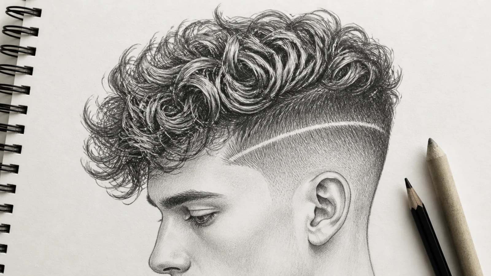 A pencil drawing of curly hair on top with a shaved undercut beneath
