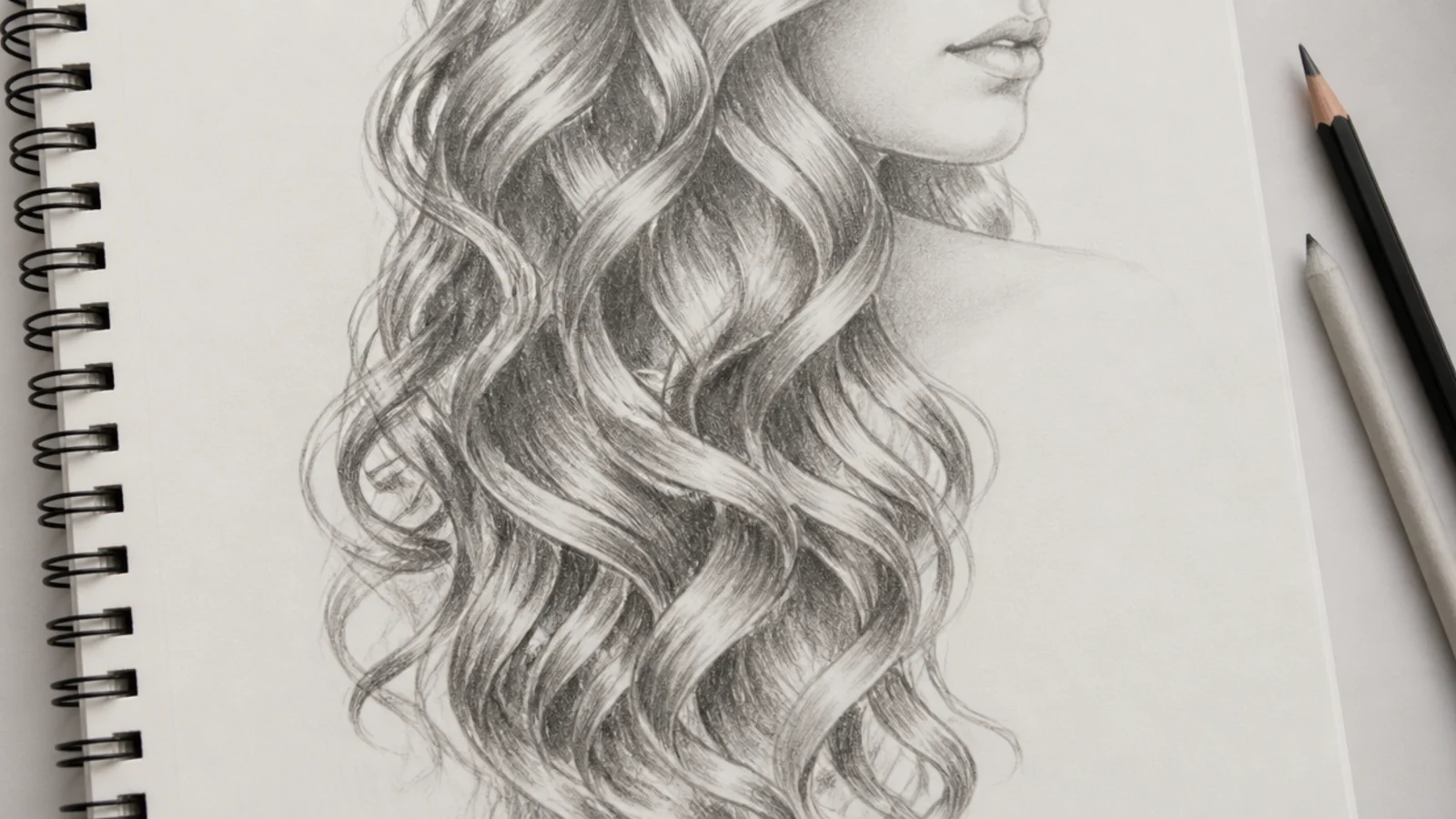 A pencil drawing of defined spiral curls grouped into clusters