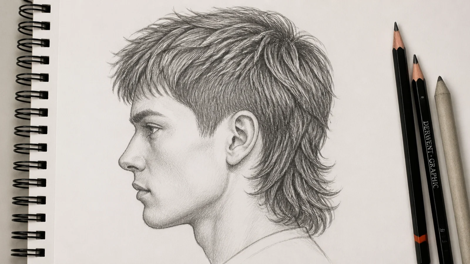 A profile pencil drawing of a mullet with short sides and length at the back