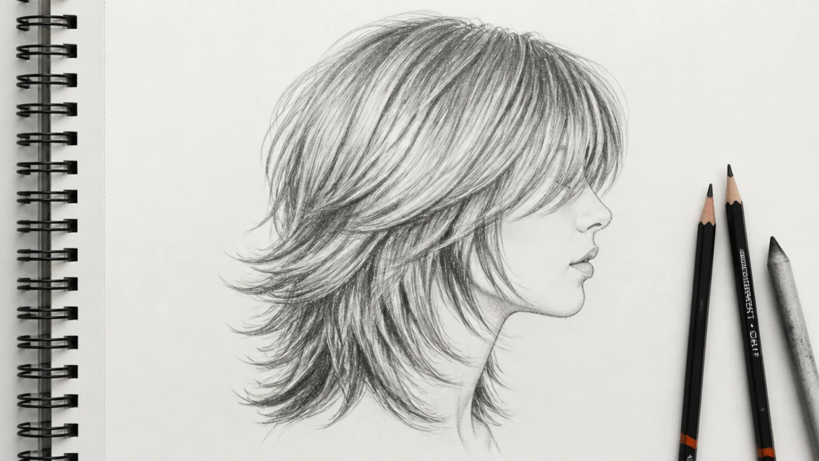 A pencil drawing of a layered shag with ends stepping at several lengths