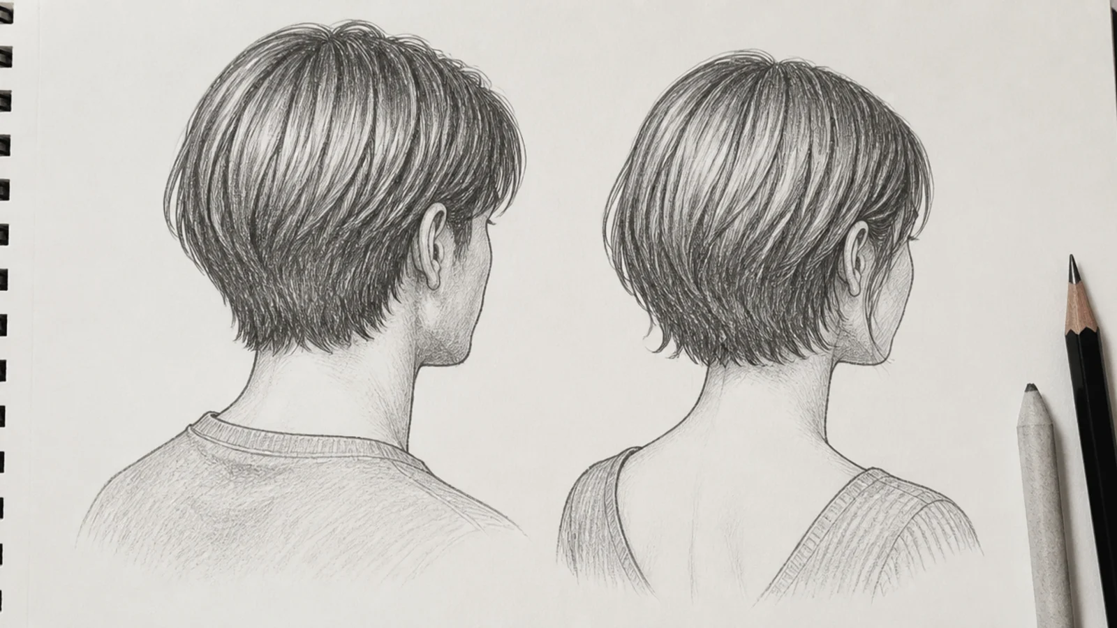 A back view pencil drawing of a bob with a level cut line above the nape