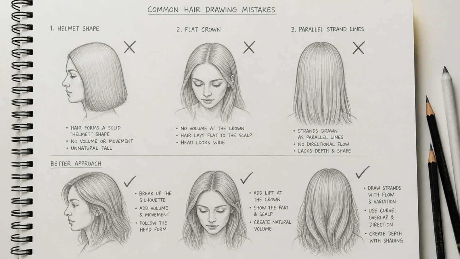 A pencil sheet pairing common head and hair drawing errors with corrections