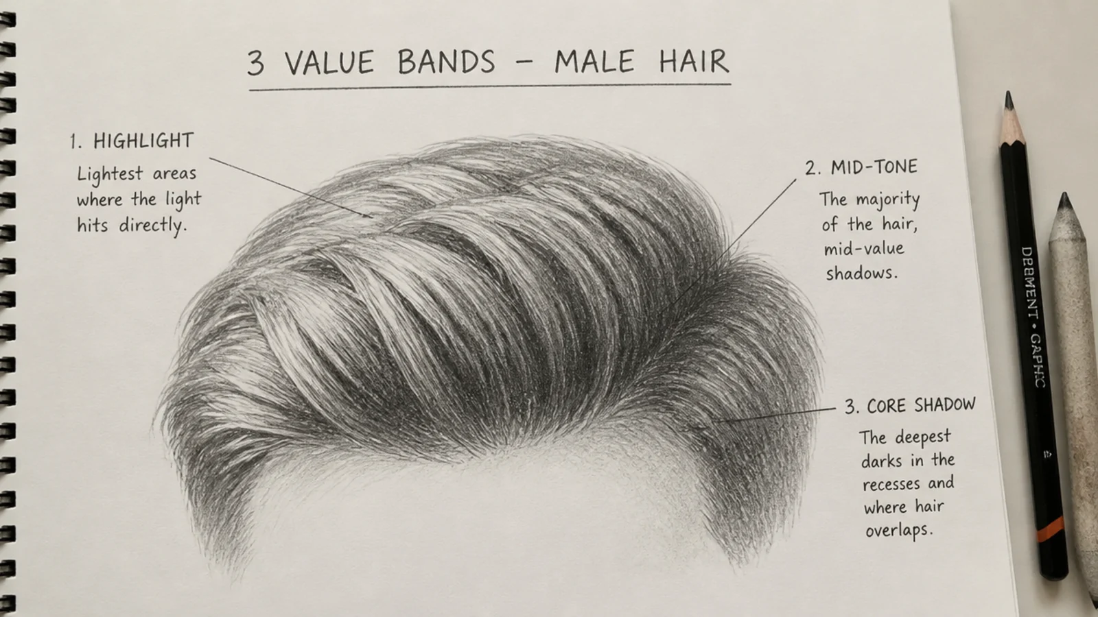 A shaded pencil study of hair on a head with a highlight curving over the crown