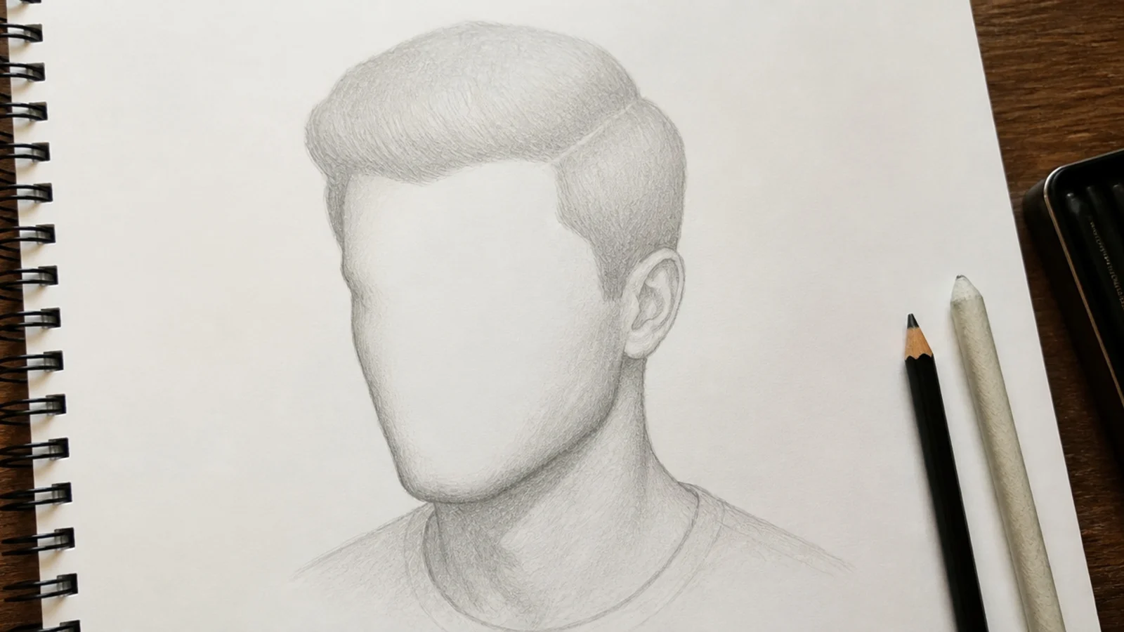 A pencil drawing of a head with the hair blocked as a flat shape before any detail