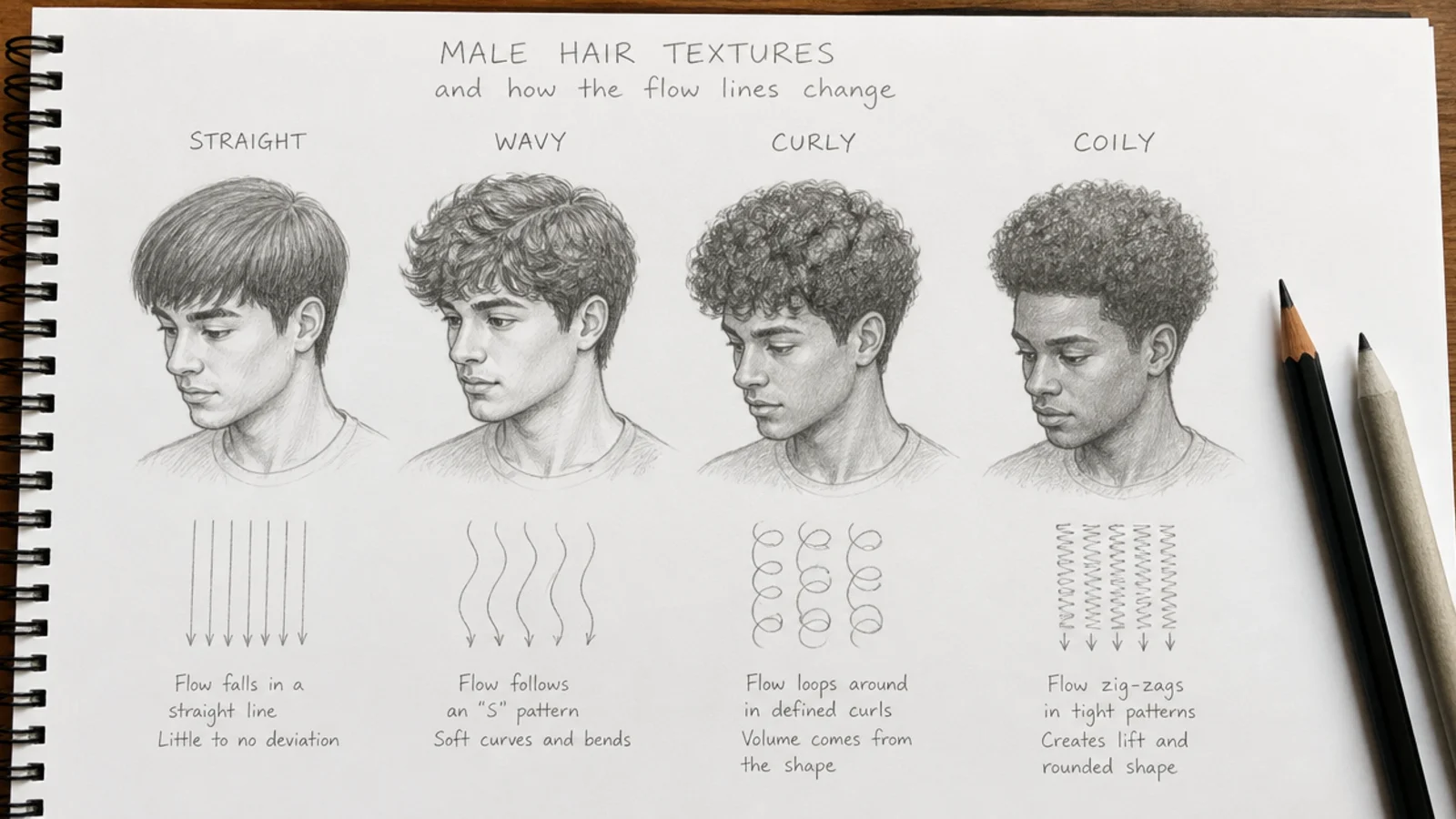 Four pencil hair texture studies compared on a single sketchbook page