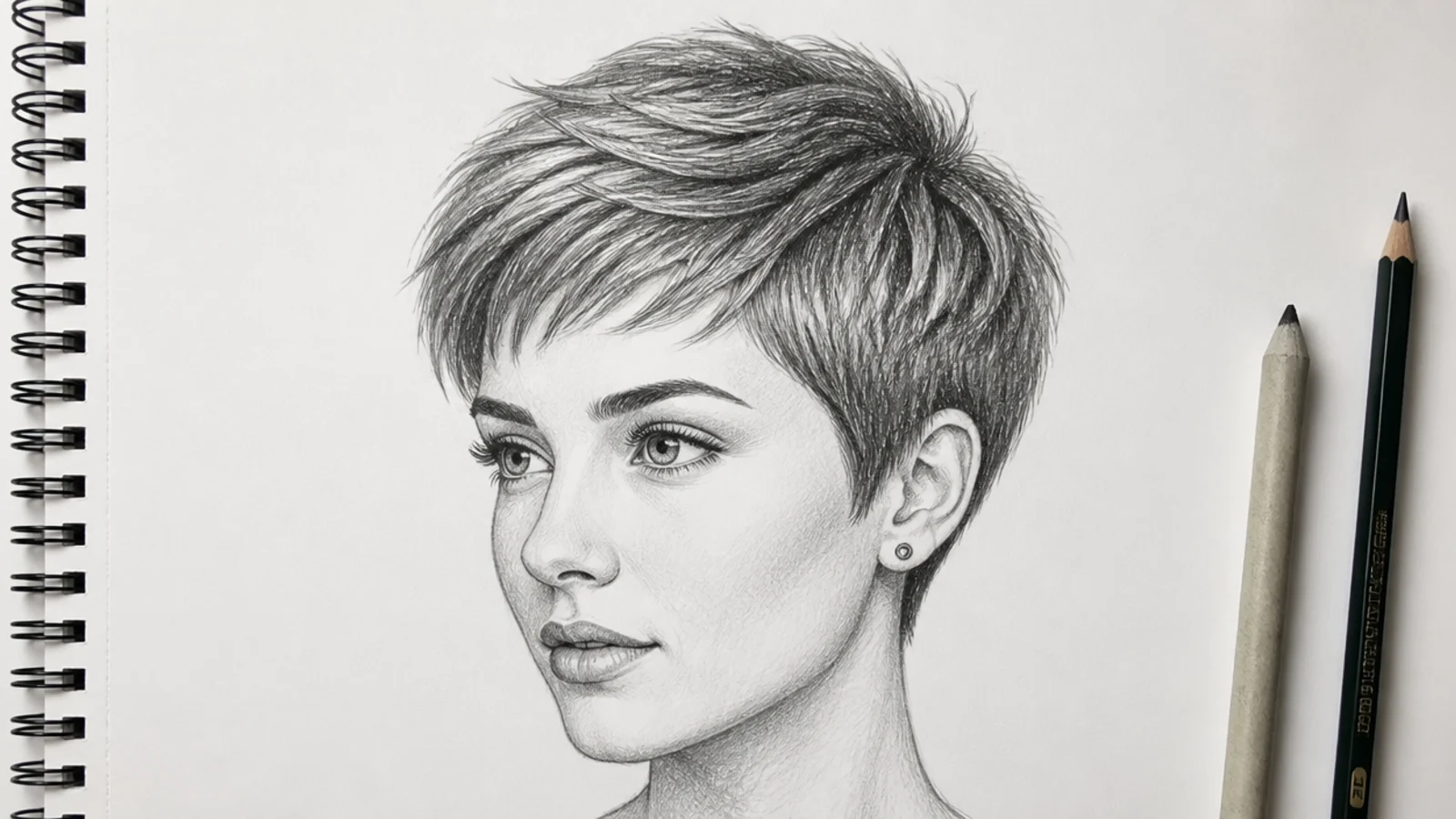 A three quarter view pencil drawing of a pixie cut on a turned head