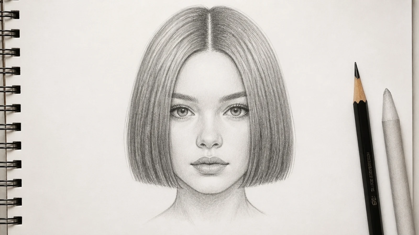 A front view pencil drawing of a blunt bob with a level bottom edge