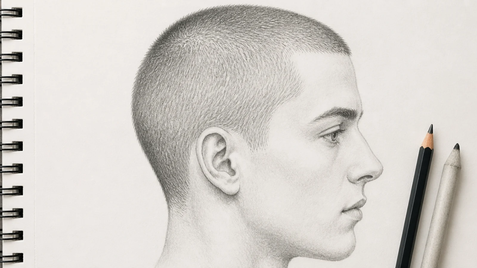 A pencil drawing of a buzz cut with fine stippled stubble across the scalp