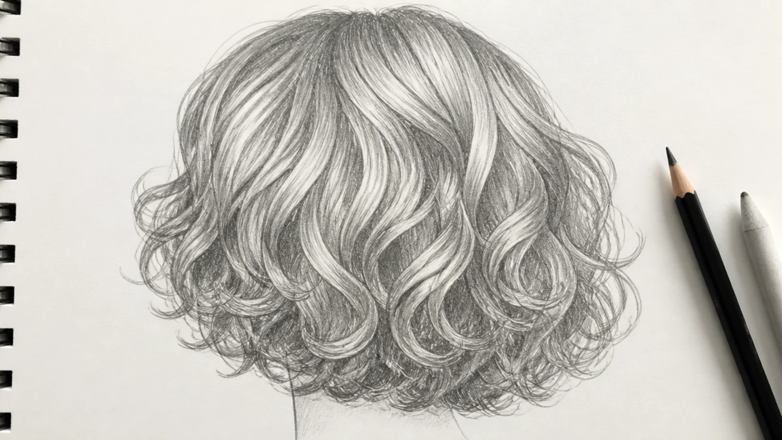 A pencil drawing of a curly bob with spiral ends breaking the outline
