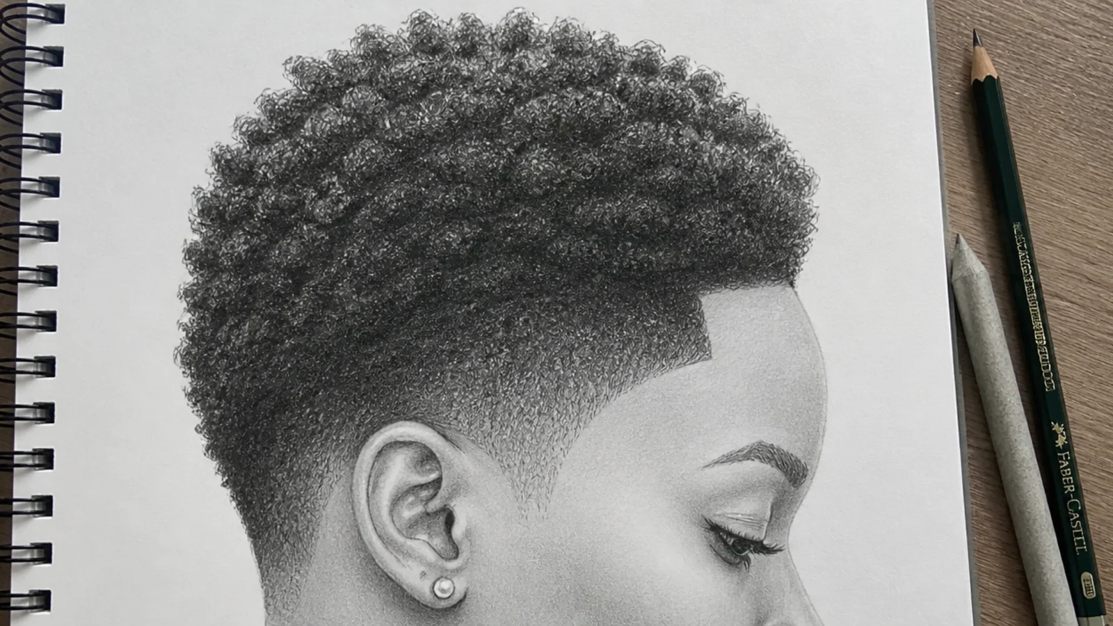A pencil drawing of a tapered coily natural with a crisp front line