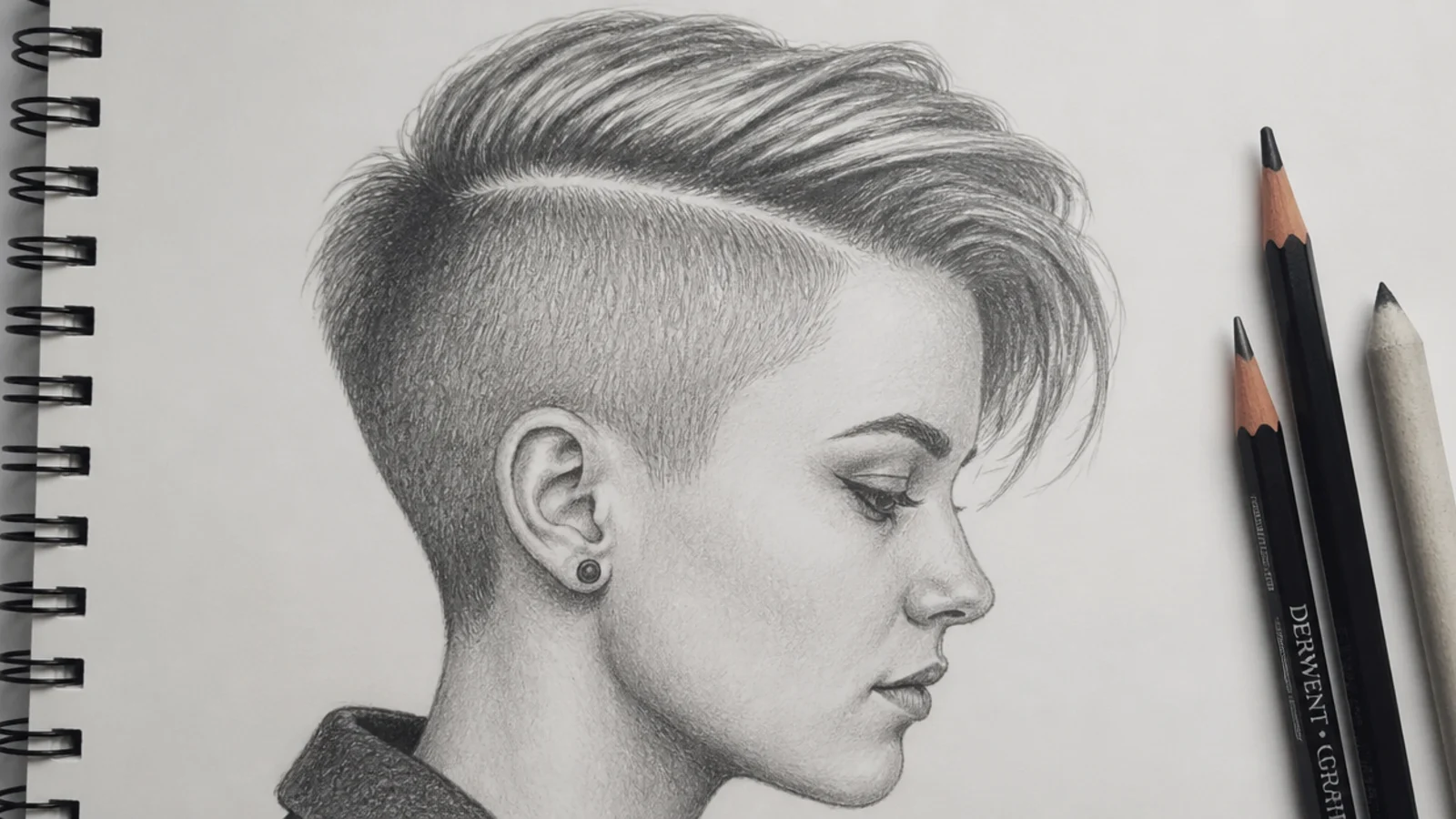 A pencil drawing of longer hair overhanging a smoothly shaved undercut