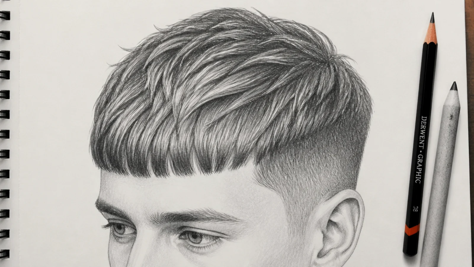 A pencil drawing of a French crop with a straight fringe over short sides