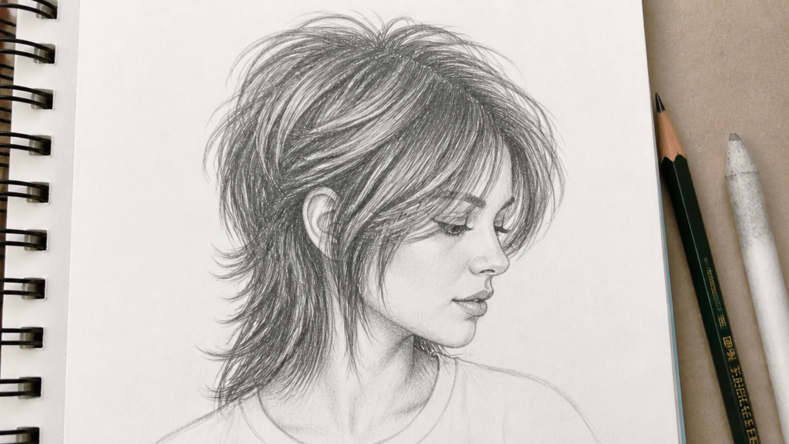 A pencil drawing of a short wolf cut with heavy crown volume and wispy ends