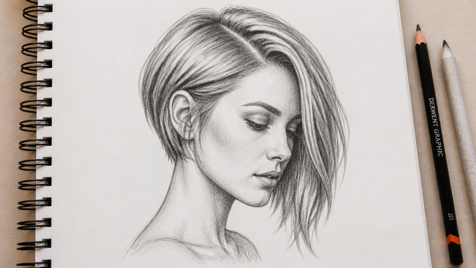 A pencil drawing of an asymmetric bob cut longer on one side