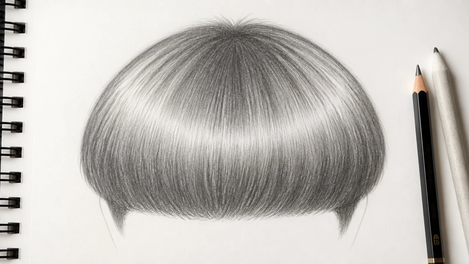A pencil drawing of a bowl cut with a bright unbroken highlight across the top