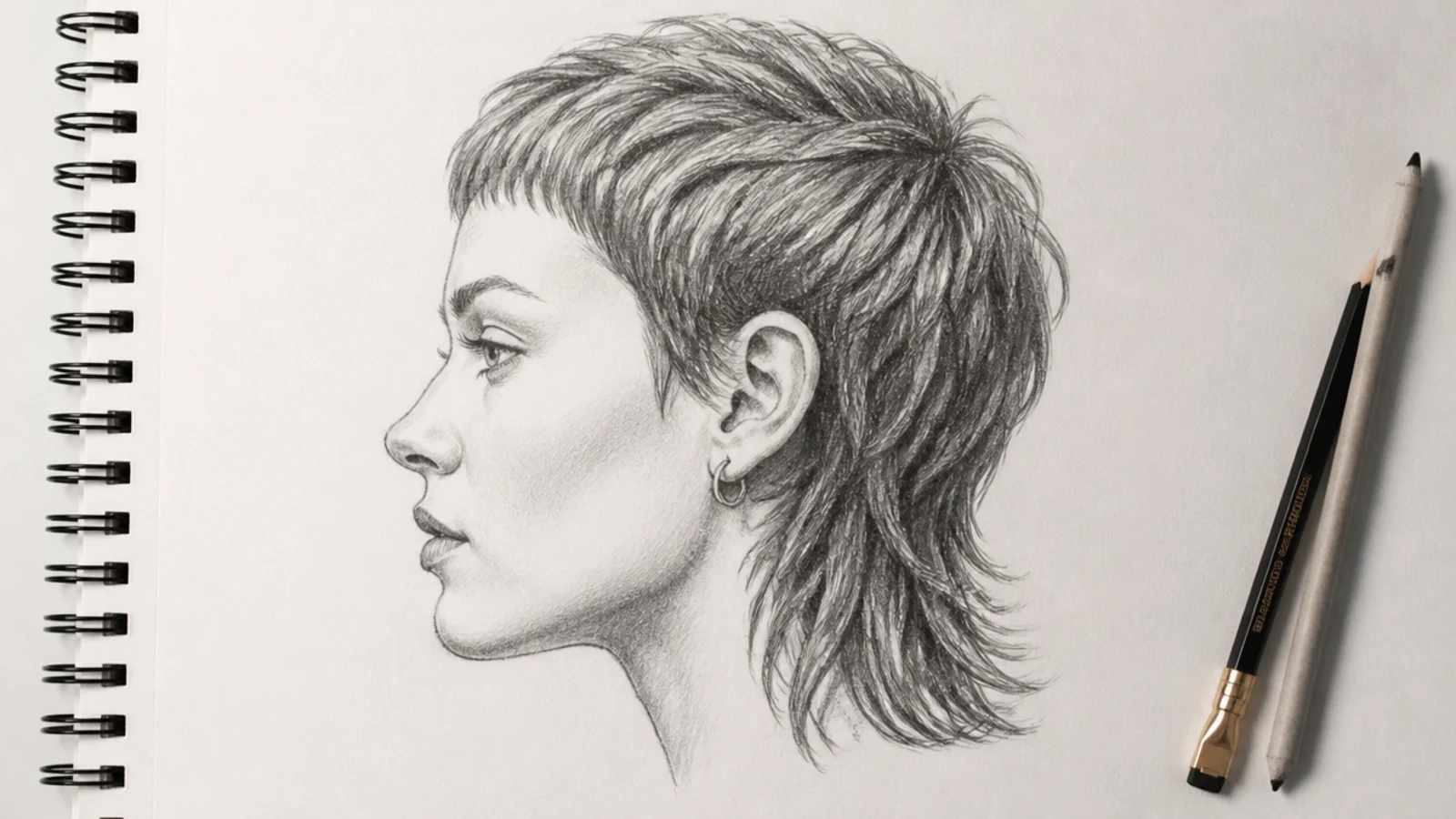 A profile pencil drawing of a short mullet with length left at the back
