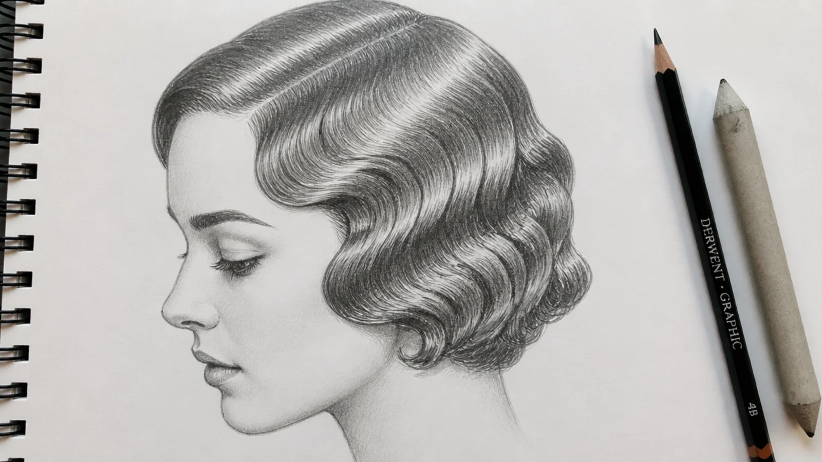 A pencil drawing of a finger waved crop with ridges shaded across the scalp