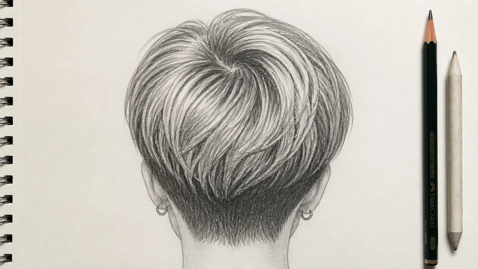 A back view pencil drawing of a short crop tapering into the nape