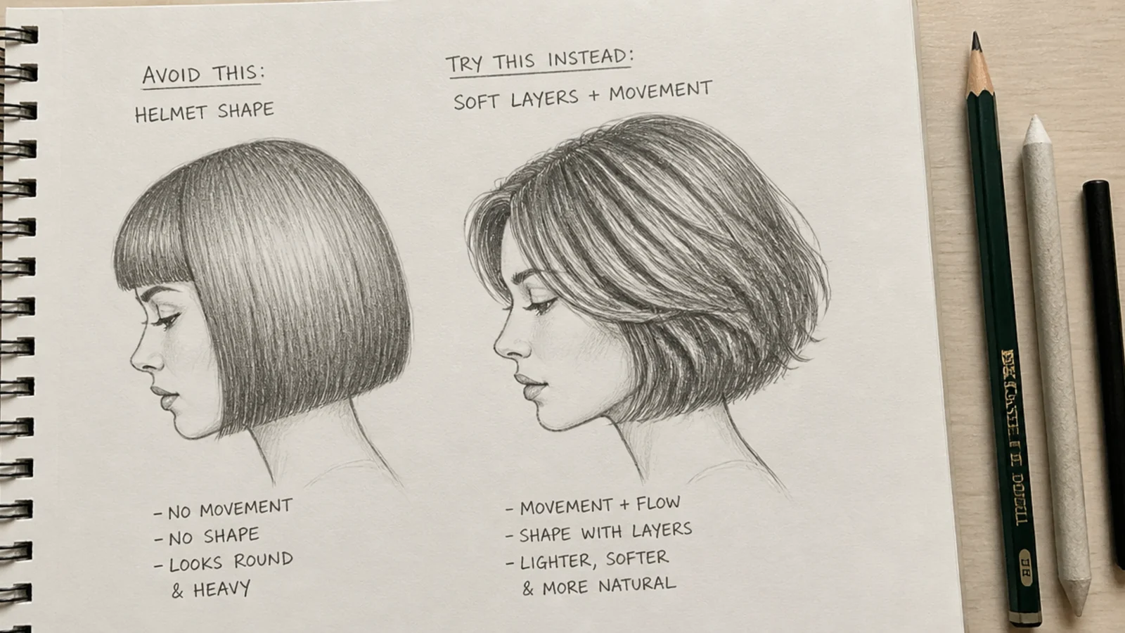 A pencil sheet showing a stiff short hair sketch beside a corrected version