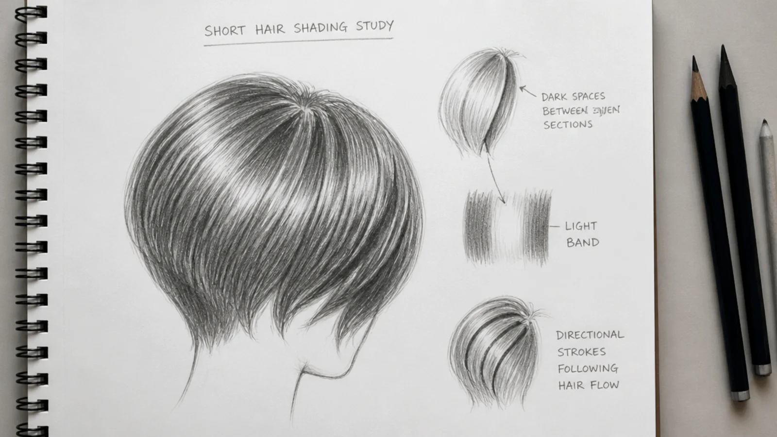 A pencil study of short hair with deep shadows behind the ear and at the temple