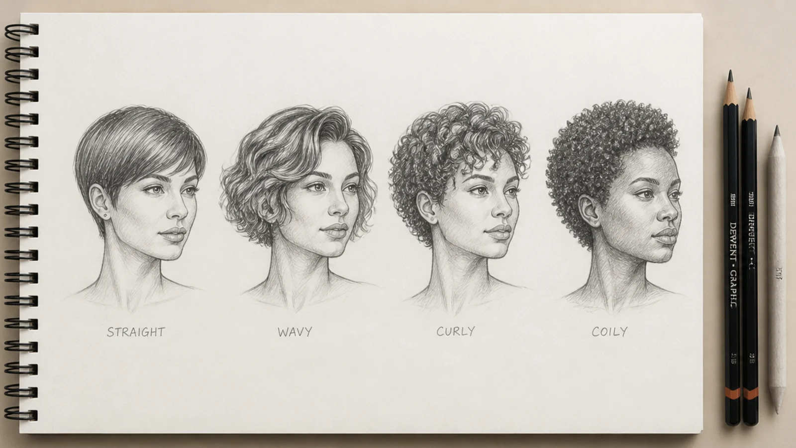 Four short hair pencil studies compared across straight, wavy, curly and coily textures