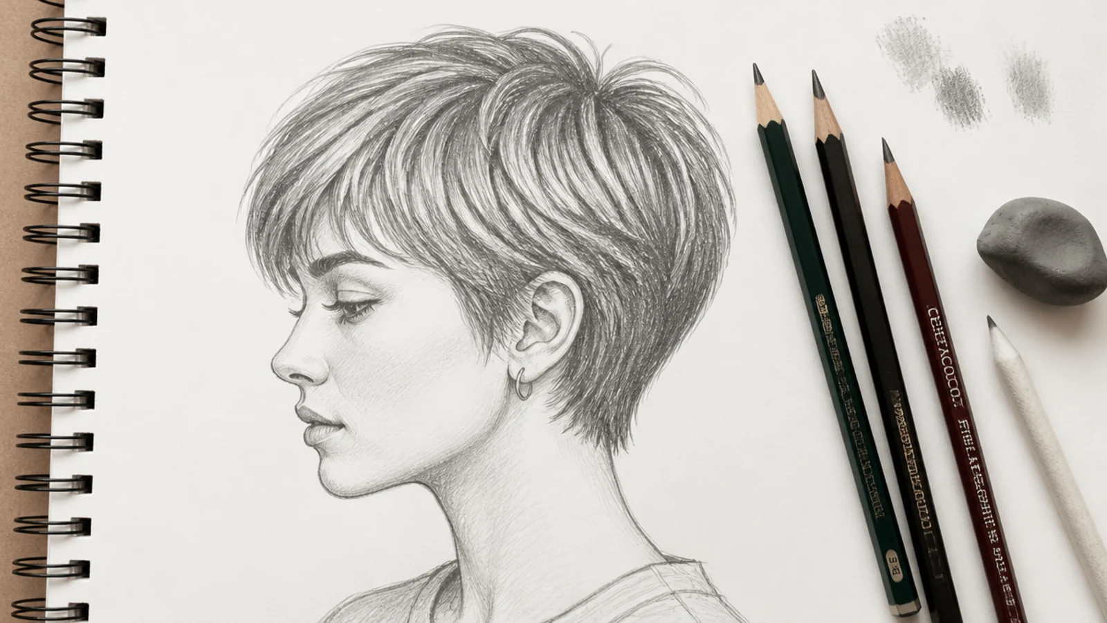 Sharpened pencils and erasers laid out beside an open sketchbook page