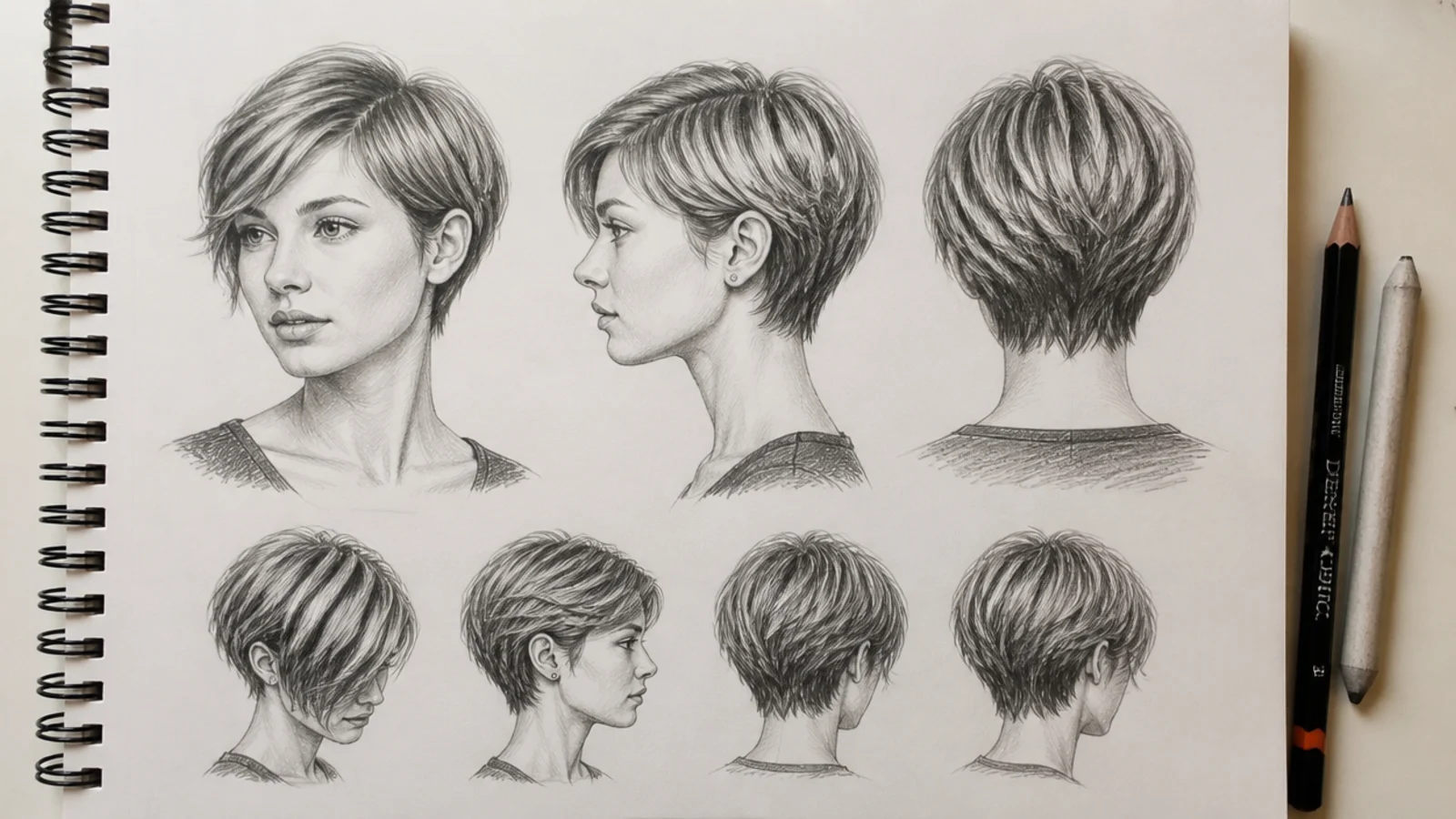 A short hair pencil drawing propped beside printed photographic references