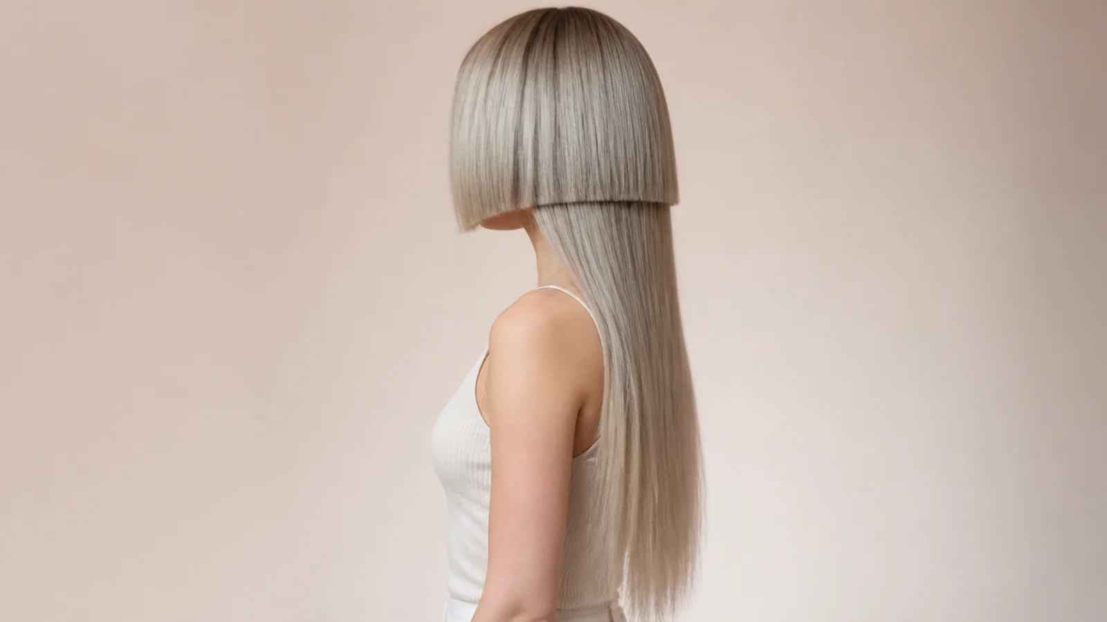 A pale silver dome shaped layer catching soft window light above long straight hair
