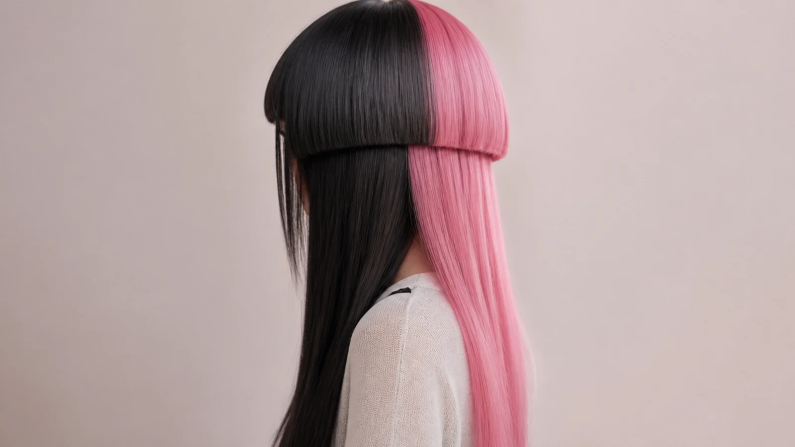Two contrasting hair colours divided down a sharp centre part on a stepped cut