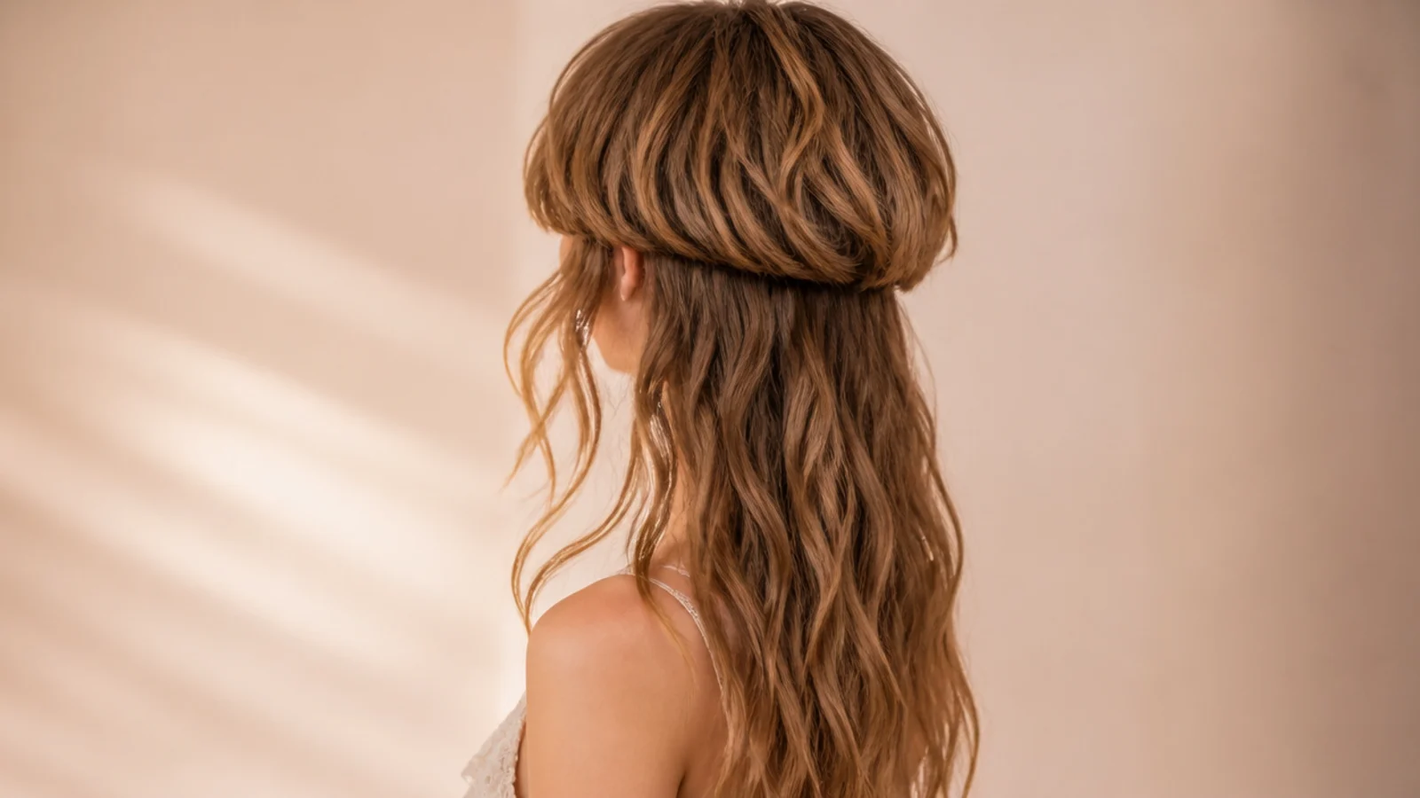 A smooth blonde bell above loosely waved lengths in warm diffused light