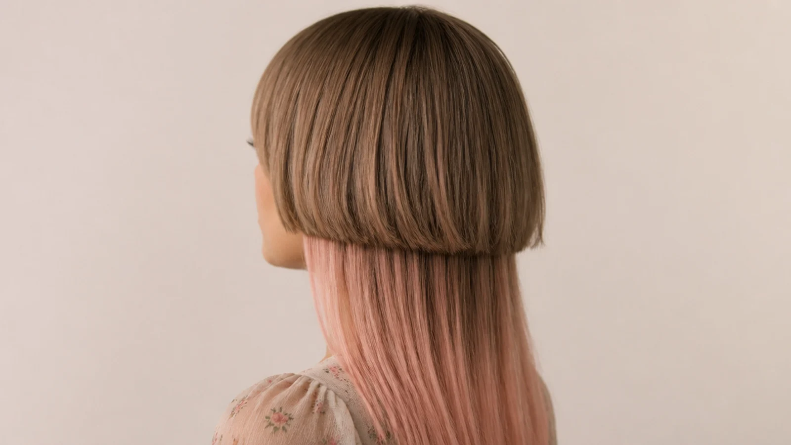 Soft pink colour fading into the final inches of long pale hair below a neutral bell