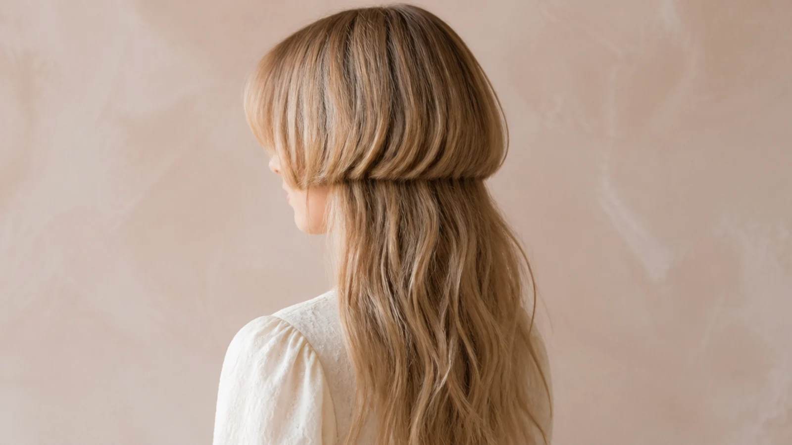 Golden blonde hair in a stepped two length shape under warm afternoon light