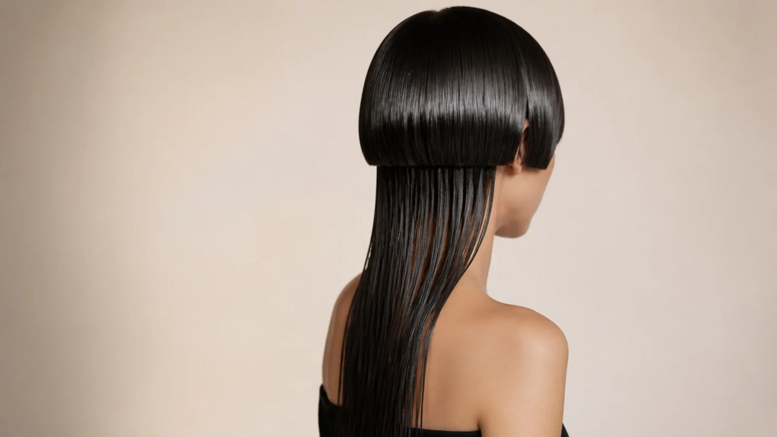 Slicked wet looking hair holding a sharp stepped silhouette against a pale backdrop