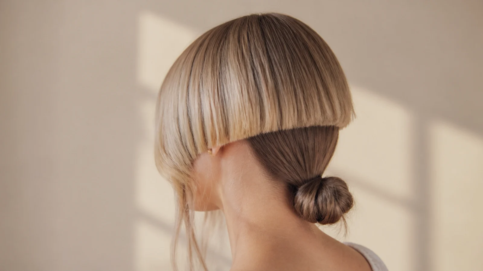 A low gathered bun sitting beneath a loose rounded top layer at the nape