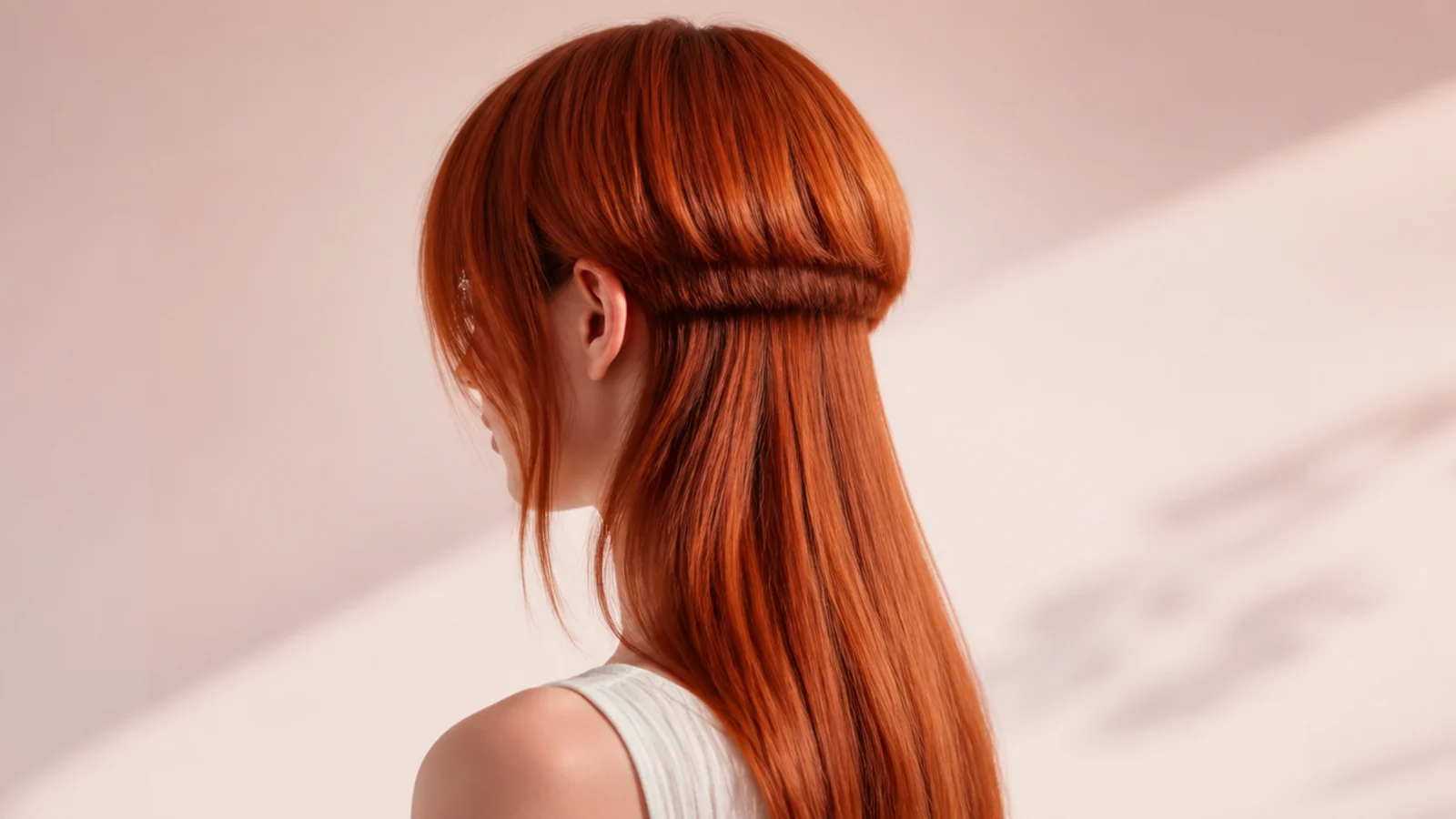 Bright copper hair in a stepped shape with the top layer finishing below the chin